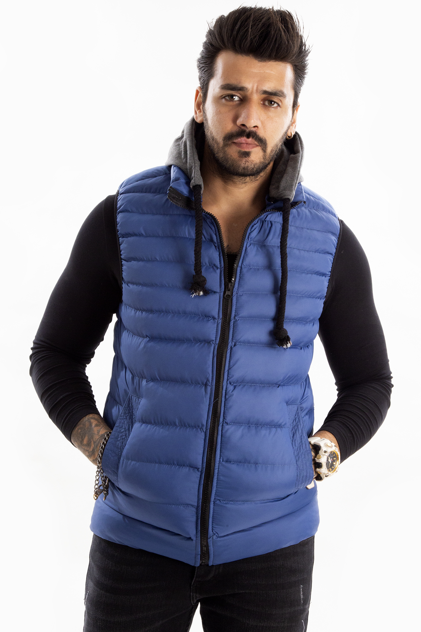 Deepsea Indigo Mavi Cikarilabilir Kapsonlu Cift Cepli Fermuarli Sisme Puf Erkek Yelek 2101834 Deepsea Erkek Giyim Internet Magazasi