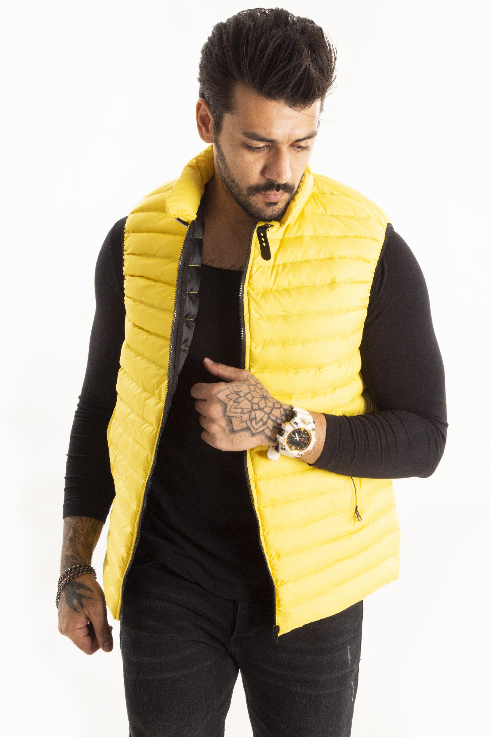 Deepsea Sari Boynu Kemerli Fermuarli Sisme Puf Erkek Yelek 2101835 Deepsea Erkek Giyim Internet Magazasi