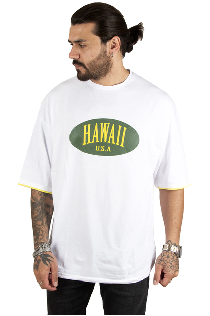 DeepSEA Önü Hawaii Yazı Baskılı Oversize Erkek Tişört 2200509