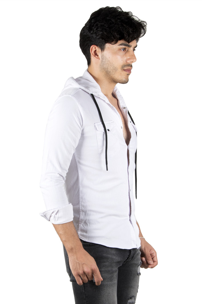 DeepSEA Kapüşonlu Cepli Slim Fit Likralı Kot Gömlek 2300396 2