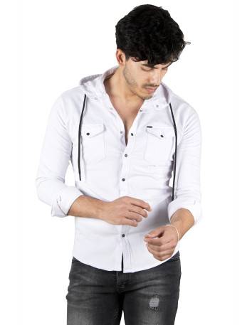 DeepSEA Kapüşonlu Cepli Slim Fit Likralı Kot Gömlek 2300396