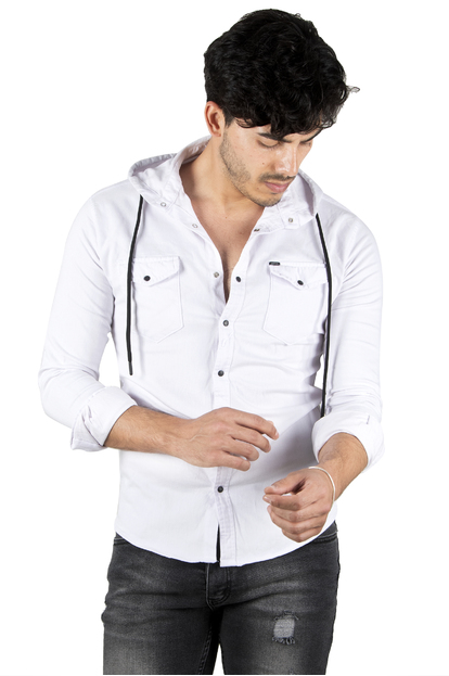 DeepSEA Kapüşonlu Cepli Slim Fit Likralı Kot Gömlek 2300396