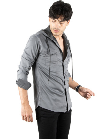 DeepSEA Kapüşonlu Cepli Slim Fit Likralı Kot Gömlek 2300396