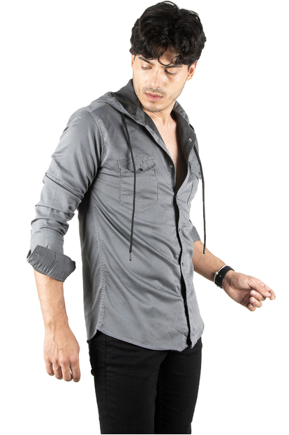 DeepSEA Kapüşonlu Cepli Slim Fit Likralı Kot Gömlek 2300396