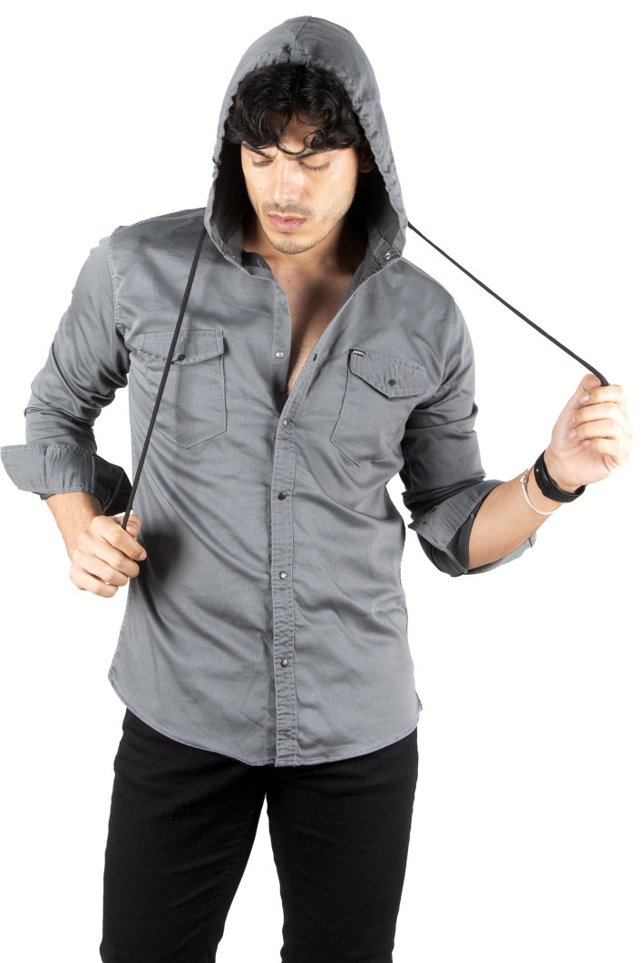 DeepSEA Kapüşonlu Cepli Slim Fit Likralı Kot Gömlek 2300396 2