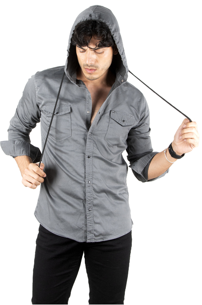 DeepSEA Kapüşonlu Cepli Slim Fit Likralı Kot Gömlek 2300396