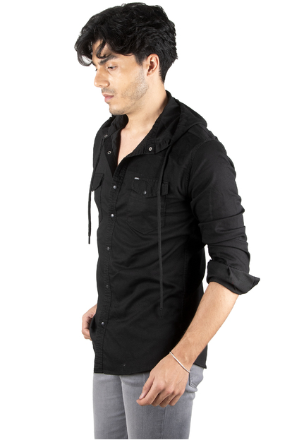 DeepSEA Kapüşonlu Cepli Slim Fit Likralı Kot Gömlek 2300396