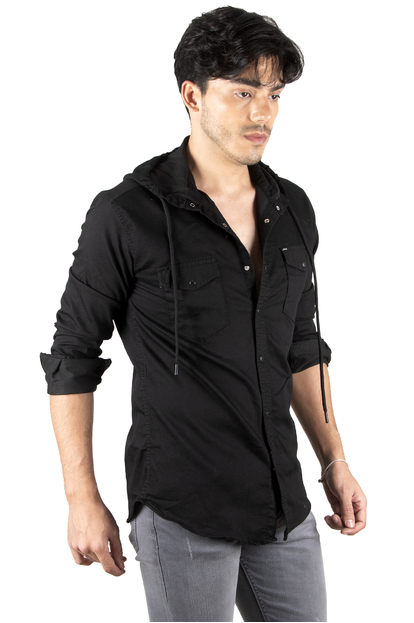 DeepSEA Kapüşonlu Cepli Slim Fit Likralı Kot Gömlek 2300396
