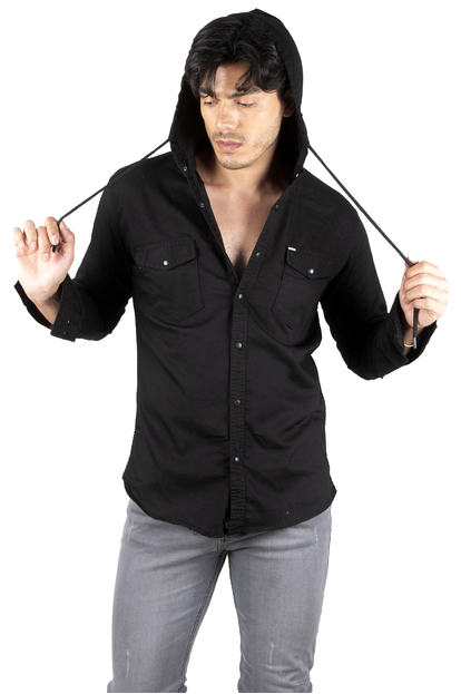 DeepSEA Kapüşonlu Cepli Slim Fit Likralı Kot Gömlek 2300396