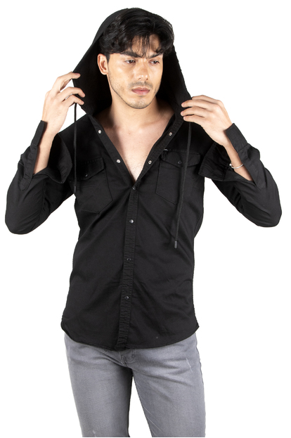 DeepSEA Kapüşonlu Cepli Slim Fit Likralı Kot Gömlek 2300396