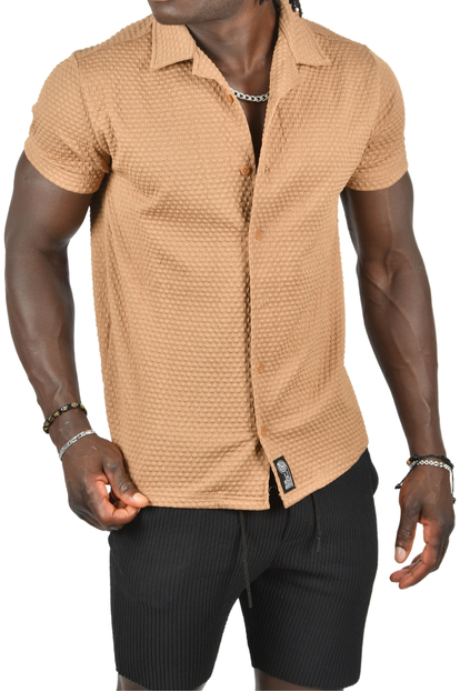 DeepSEA Kabartma Nokta Desenli Slim Fit Likralı Kısa Kollu Penye Gömlek 2403223