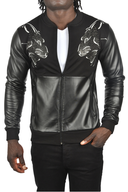 DeepSEA Taş İşlemeli Leopar Desenli Suni Deri Mont Biker Ceket 2500728