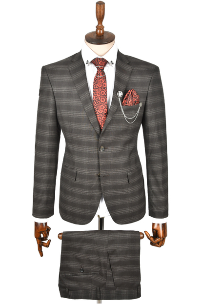 DeepSEA Slim Fit Çizgili Tek Düğme Tek Yırtmaç 2 Li Takım Elbise 2300101