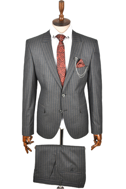 DeepSEA Dar Kesim Çizgili Çift Düğme 2li Slim Fit Takım Elbise 2303543