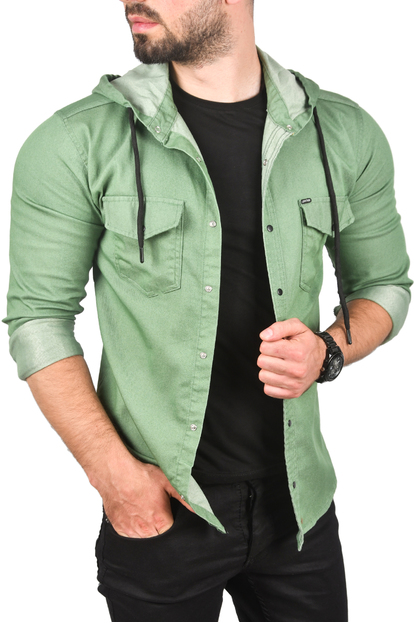 DeepSEA Kapüşonlu Cepli Slim Fit Likralı Kot Gömlek 2300396