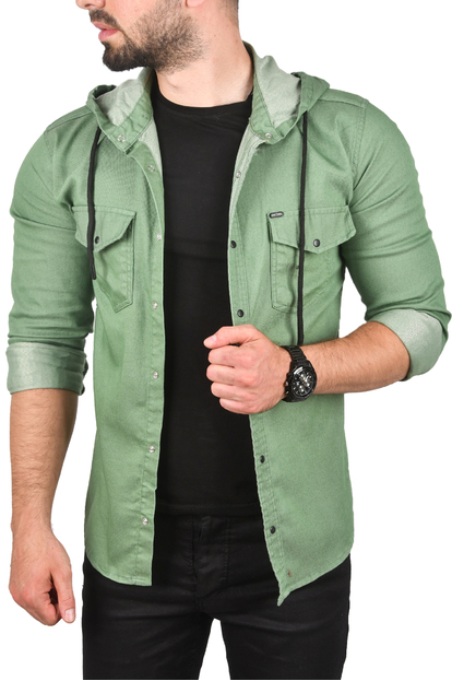 DeepSEA Kapüşonlu Cepli Slim Fit Likralı Kot Gömlek 2300396