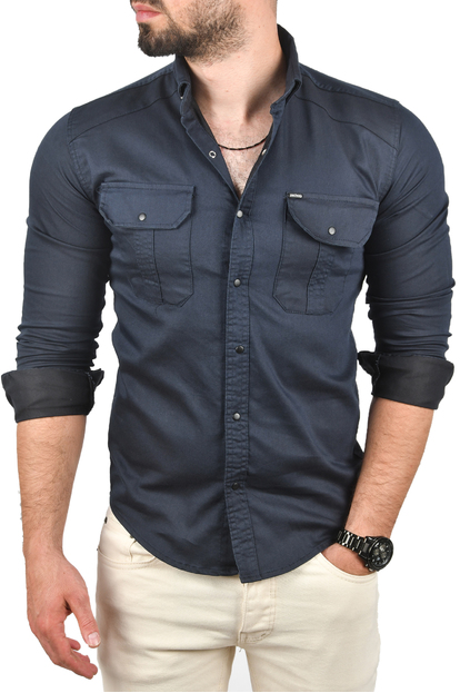 DeepSEA Likralı Kumaşı Fitilli Slim Fit Uzun Kollu Gömlek 2500805