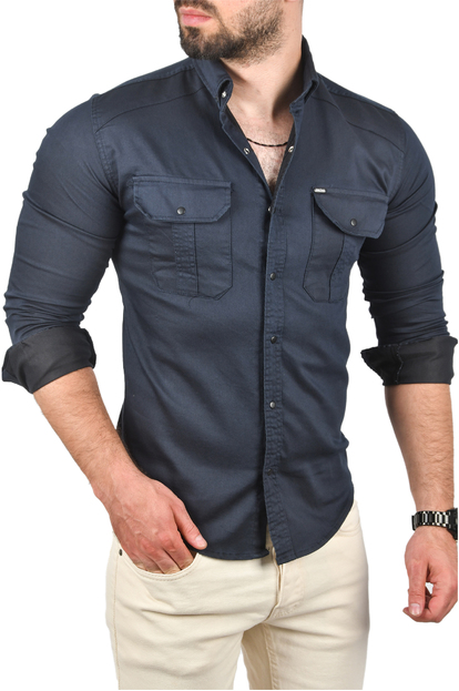 DeepSEA Likralı Kumaşı Fitilli Slim Fit Uzun Kollu Gömlek 2500805