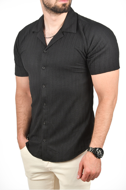 DeepSEA Slim Fit Pamuklu Likralı Kısa Kol Gömlek Kolay Ütülenebilir Çıt Çıtlı Cepli Spor Gömlek 2400253