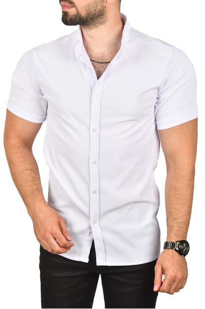 DeepSEA Slim Fit Pamuklu Spor Gömlek Likralı Dar Kesim Jakar Kumaş Kısa Kol Gömlek 2501210