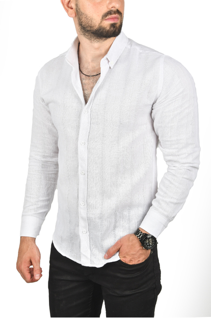 DeepSEA Slim Fit %100 Pamuk Keten Gömlek Dar Kesim Dokulu Keten Gömlek 2501302