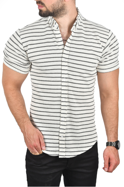 DeepSEA Slim Fit Pamuklu Spor Gömlek Likralı Dar Kesim Jakar Kumaş Kısa Kol Gömlek 2501210