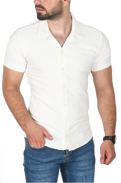 DeepSEA Slim Fit Apaş Yaka Kısa Kol Penye  Gömlek Jakar Kumaş Dar Kesim Spor Gömlek 2501217