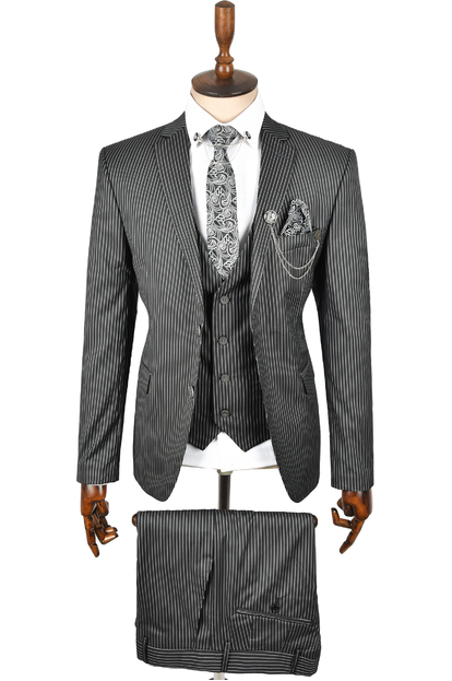 DeepSEA Çift Düğme Çift Yırtmaç Çizgili Slim Fit 3 Lü Takım Elbise 2300162