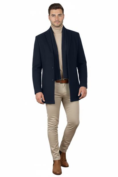 DeepSEA Regular Fit Dik Yaka Kışlık Erkek Kaşe Kaban – Düğmeli & Fermuarlı – Tek Yırtmaç 2407000