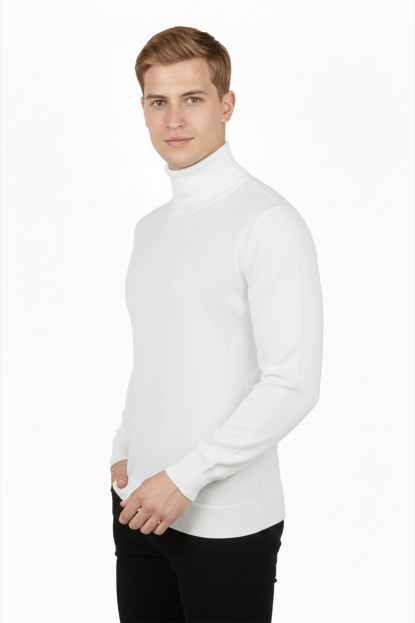 DeepSEA Tam Balıkçı Yaka Yanları Örme Desenli Slim Fit Boğazlı Kazak 2505495