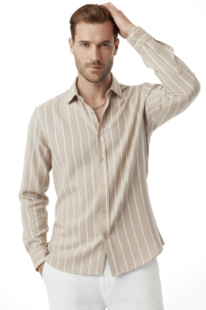 DeepSEA Slim Fit %100 Pamuk Keten Gömlek Dar Kesim Dokulu Keten Gömlek 2501301