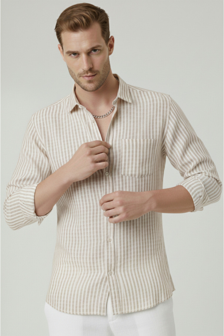 DeepSEA Slim Fit Çizgili %100 Pamuk Erkek Gömlek – Nefes Alan Şık Günlük Gömlek 2602627