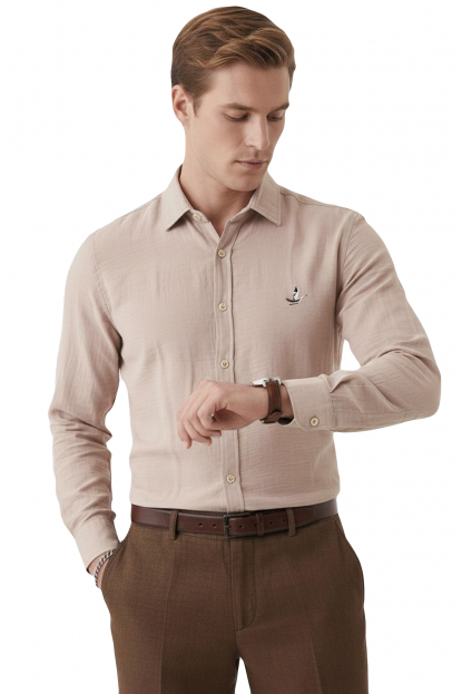 DeepSEA Erkek Hakim Yaka Ütü Gerektirmeyen Rahat Kalıp Kırışık Kumaş Viskon Gömlek 2602630