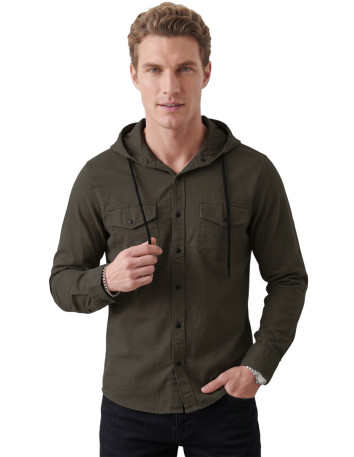 DeepSEA Kapüşonlu Cepli Slim Fit Likralı Kot Gömlek 2300396