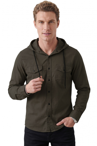 DeepSEA Kapüşonlu Cepli Slim Fit Likralı Kot Gömlek 2300396