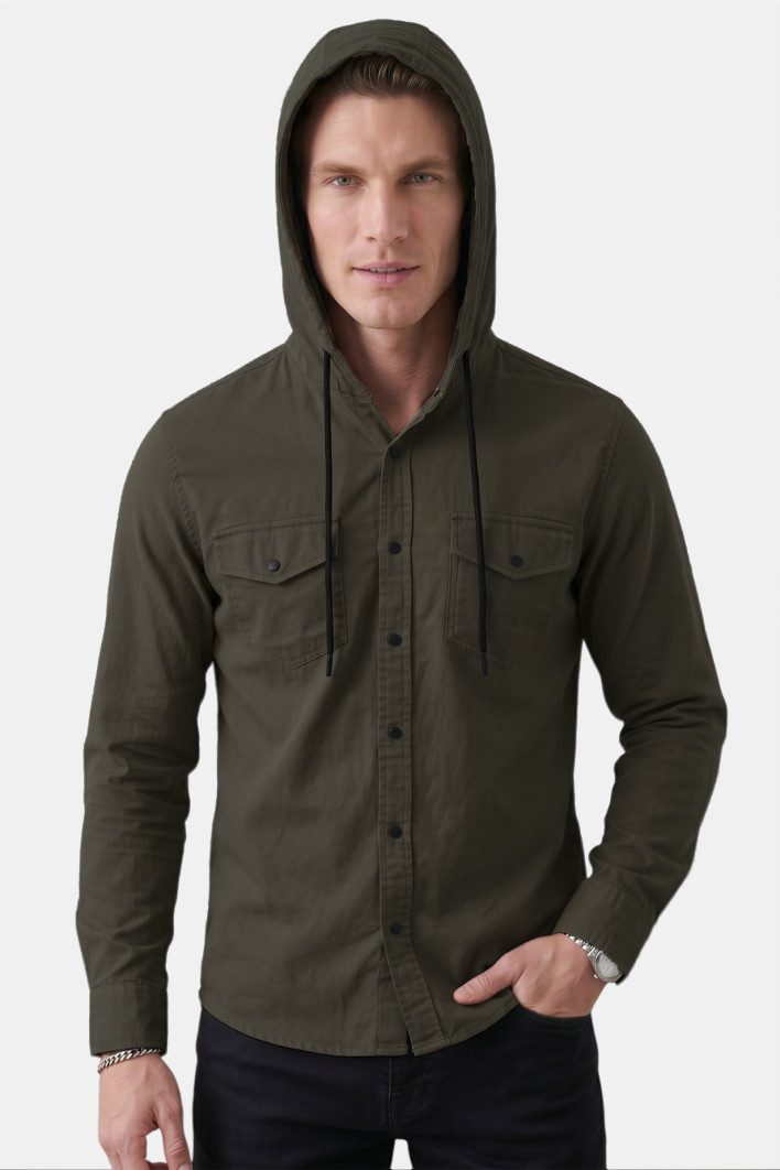 DeepSEA Kapüşonlu Cepli Slim Fit Likralı Kot Gömlek 2300396 2