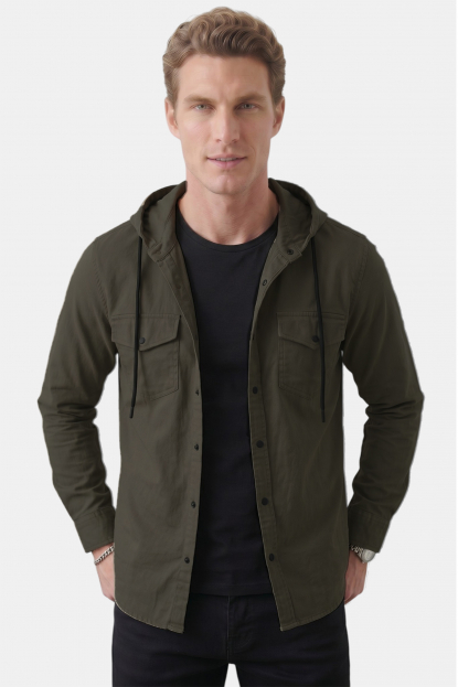 DeepSEA Kapüşonlu Cepli Slim Fit Likralı Kot Gömlek 2300396