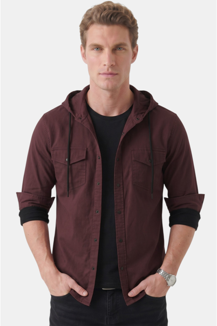 DeepSEA Kapüşonlu Cepli Slim Fit Likralı Kot Gömlek 2300396 2