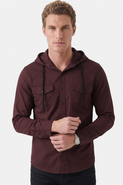 DeepSEA Kapüşonlu Cepli Slim Fit Likralı Kot Gömlek 2300396