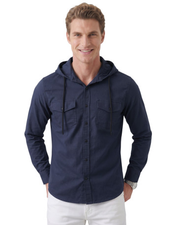 DeepSEA Kapüşonlu Cepli Slim Fit Likralı Kot Gömlek 2300396