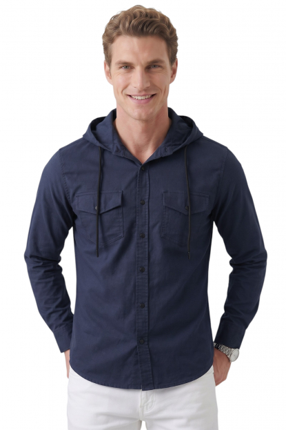 DeepSEA Kapüşonlu Cepli Slim Fit Likralı Kot Gömlek 2300396