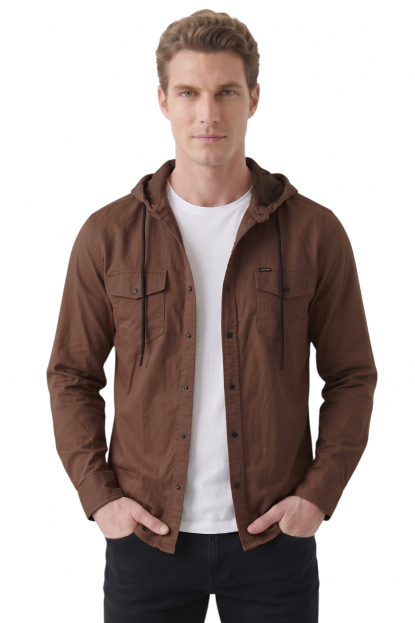 DeepSEA Kapüşonlu Cepli Slim Fit Likralı Kot Gömlek 2300396