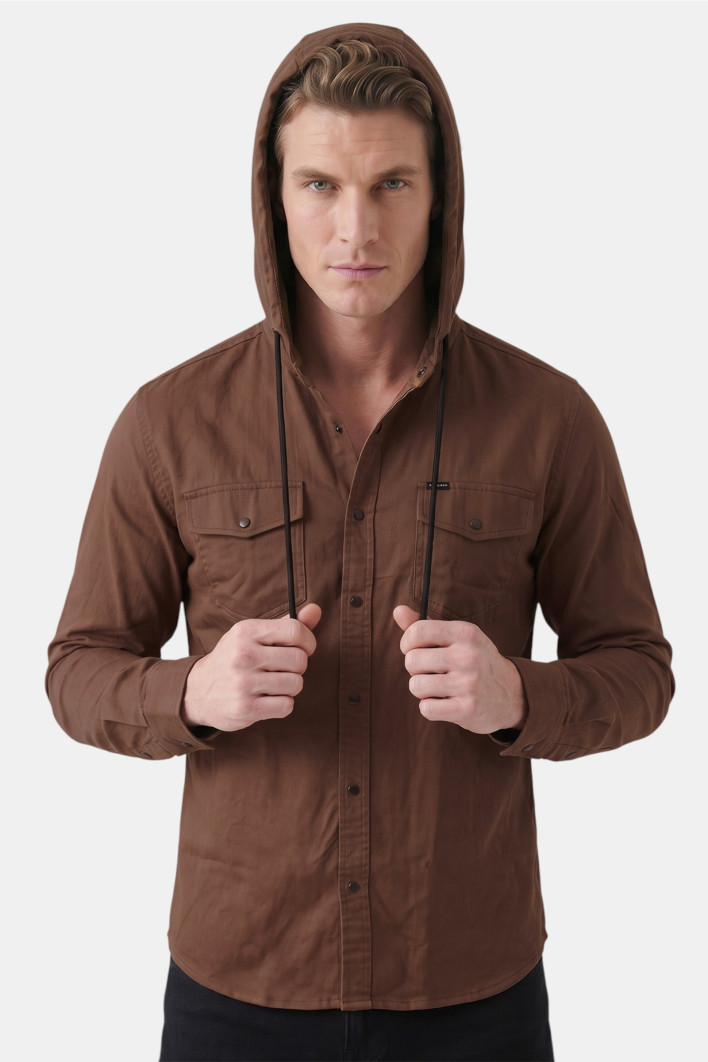 DeepSEA Kapüşonlu Cepli Slim Fit Likralı Kot Gömlek 2300396 2