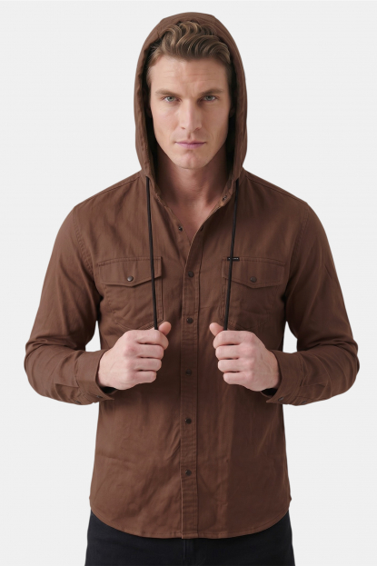 DeepSEA Kapüşonlu Cepli Slim Fit Likralı Kot Gömlek 2300396