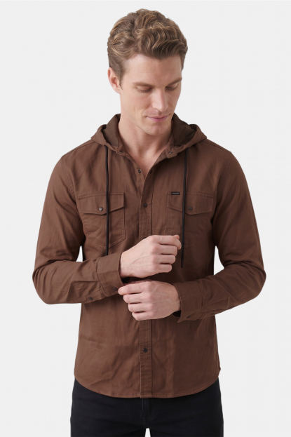 DeepSEA Kapüşonlu Cepli Slim Fit Likralı Kot Gömlek 2300396