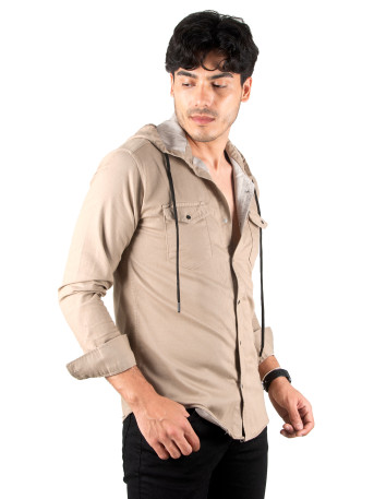 DeepSEA Kapüşonlu Cepli Slim Fit Likralı Kot Gömlek 2300396