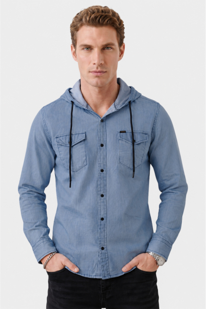 DeepSEA Kapüşonlu Cepli Slim Fit Likralı Kot Gömlek 2300396