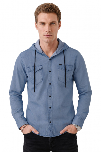 DeepSEA Kapüşonlu Cepli Slim Fit Likralı Kot Gömlek 2300396