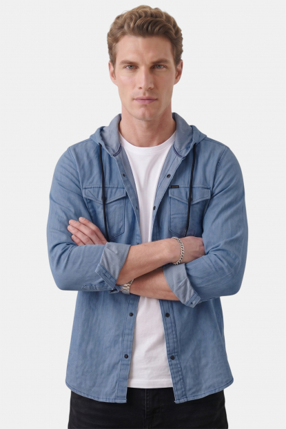 DeepSEA Kapüşonlu Cepli Slim Fit Likralı Kot Gömlek 2300396