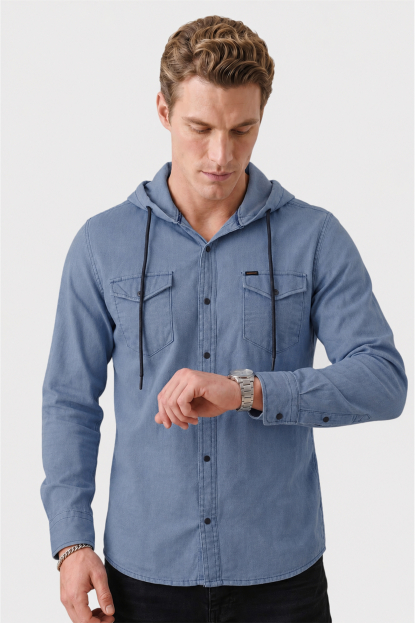 DeepSEA Kapüşonlu Cepli Slim Fit Likralı Kot Gömlek 2300396